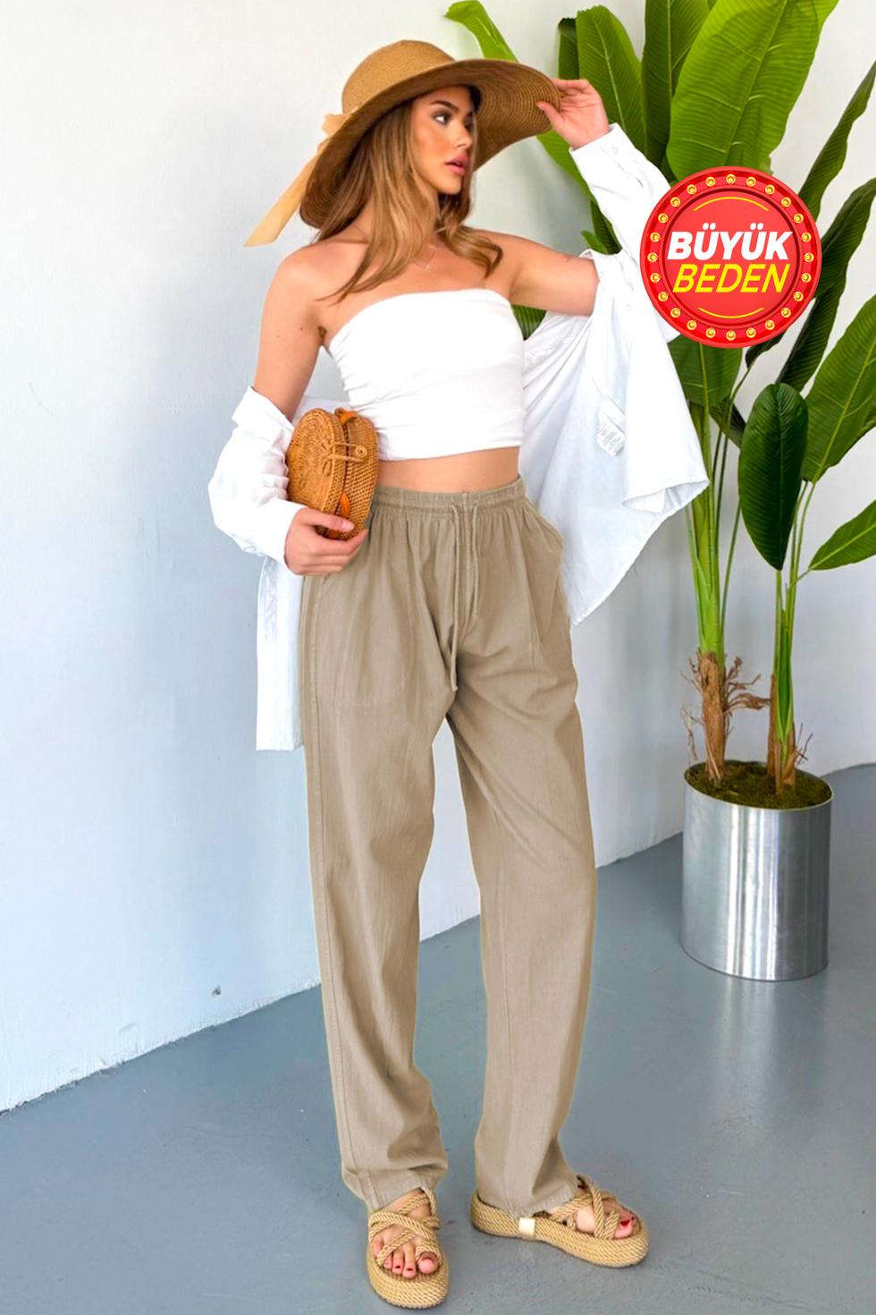 Kadın Büyük Beden Yüksek Bel Keten Görünümlü %100 Pamuk Pantolon