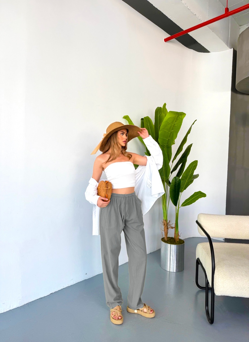 Kadın Büyük Beden Yüksek Bel Keten Görünümlü %100 Pamuk Pantolon