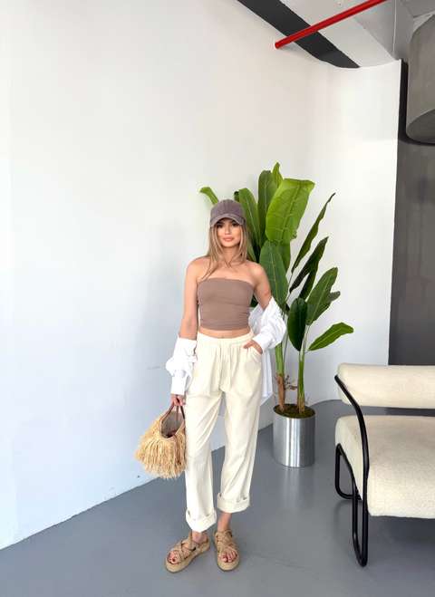 Ekru Jemmy Kadın Keten Pantolon W305