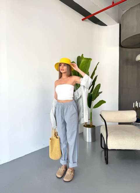 Açık Gri Jemmy Kadın Keten Pantolon W305