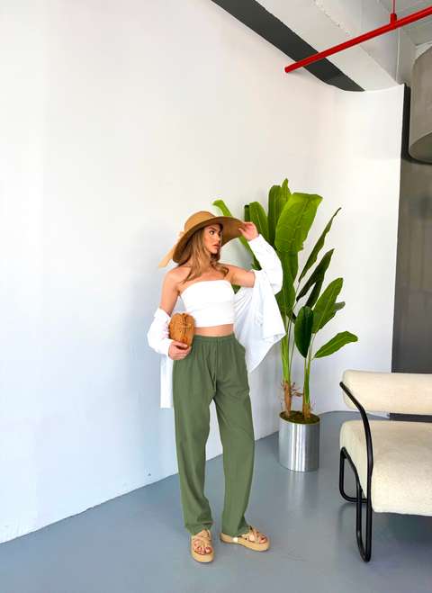 Haki Jemmy Kadın Keten Pantolon W305