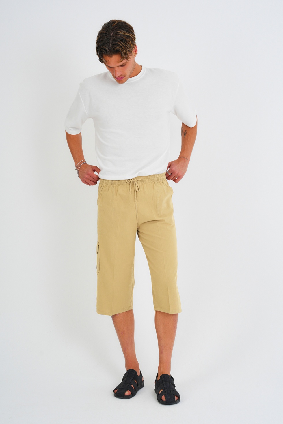 Erkek Kargo Cep %100 Pamuk Keten Görünümlü Kapri