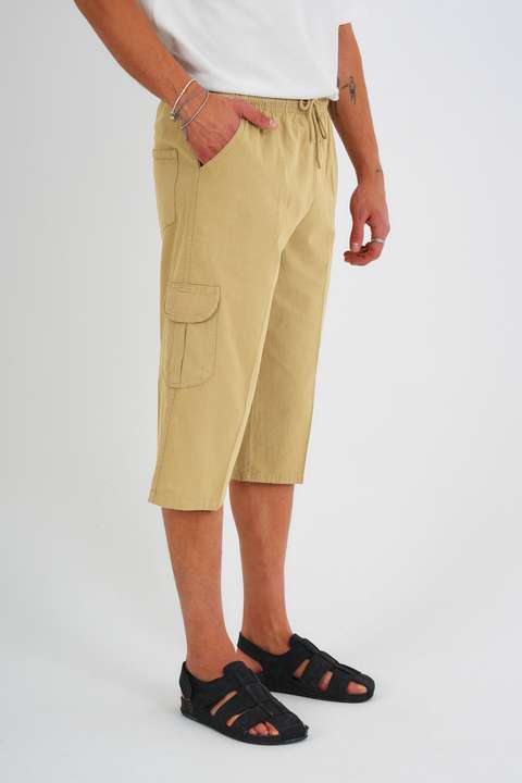 Bej Erkek Kargo Cep %100 Pamuk Keten Görünümlü Kapri E207