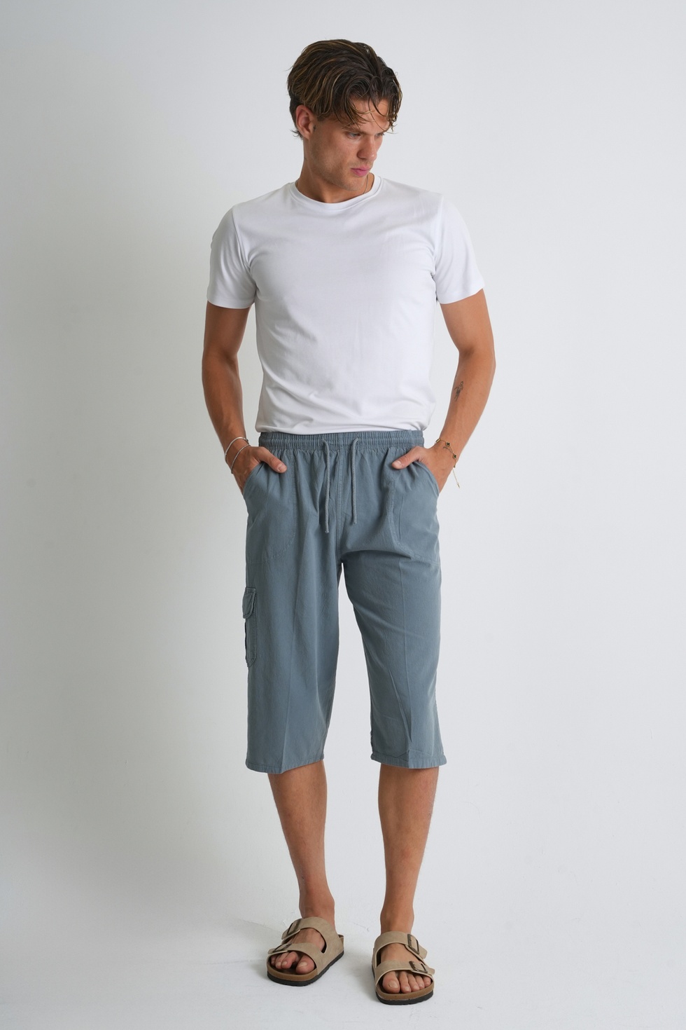 Erkek Kargo Cep %100 Pamuk Keten Görünümlü Kapri