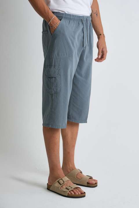 Mavili Gri Erkek Kargo Cep %100 Pamuk Keten Görünümlü Kapri E207