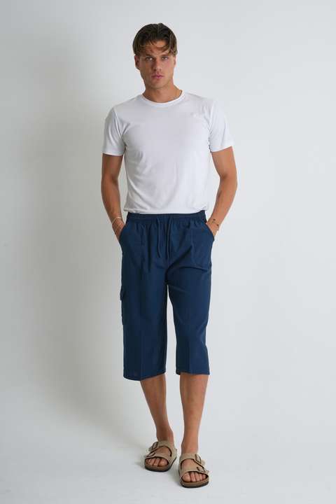 Lacivert Erkek Kargo Cep %100 Pamuk Keten Görünümlü Kapri E207