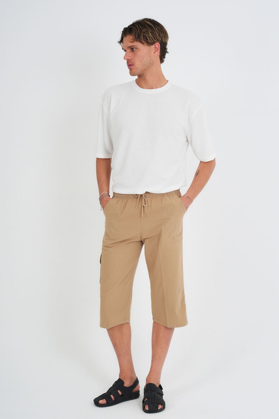 Erkek Kargo Cep %100 Pamuk Keten Görünümlü Kapri