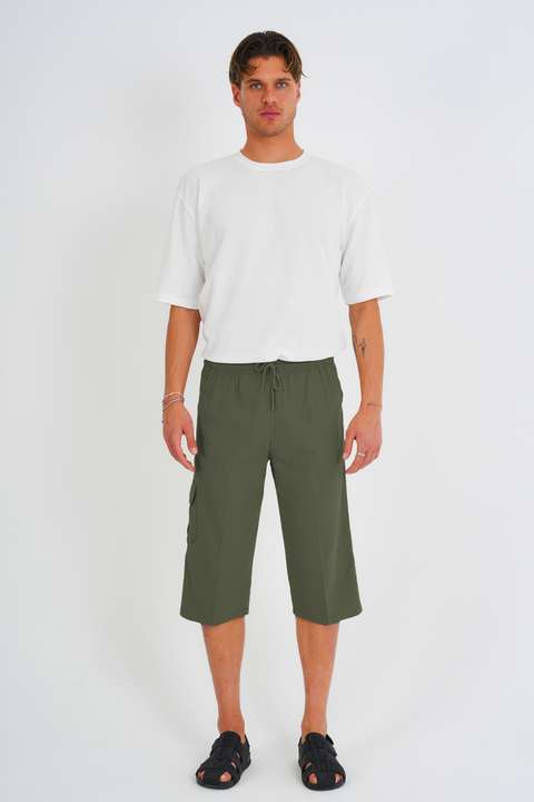 Haki Erkek Kargo Cep %100 Pamuk Keten Görünümlü Kapri E207