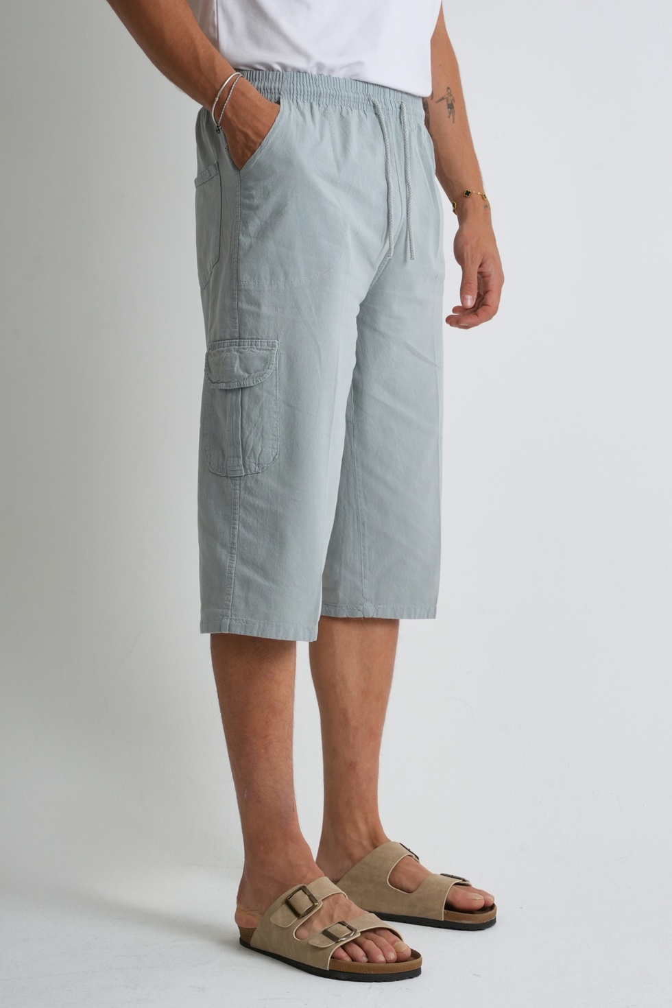 Erkek Kargo Cep %100 Pamuk Keten Görünümlü Kapri