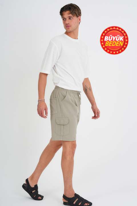Taş Erkek Kargo Cep Büyük Beden %100 Pamuk Keten Görünümlü Şort E202