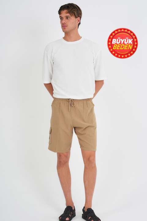 Toprak Erkek Kargo Cep Büyük Beden %100 Pamuk Keten Görünümlü Şort E202