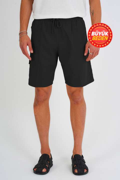 Siyah Erkek Kargo Cep Büyük Beden %100 Pamuk Keten Görünümlü Şort E202