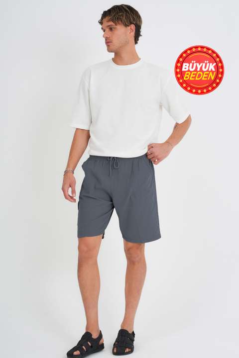 Antrasit Erkek Kargo Cep Büyük Beden %100 Pamuk Keten Görünümlü Şort E202