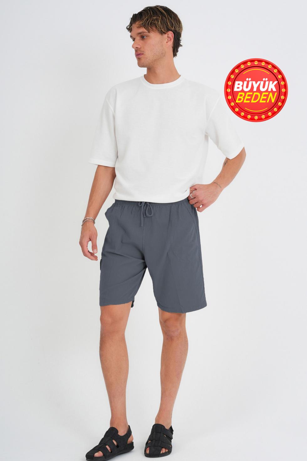 Erkek Kargo Cep Büyük Beden %100 Pamuk Keten Görünümlü Şort