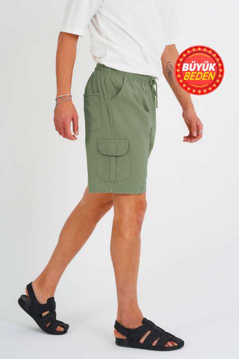 Haki Erkek Kargo Cep Büyük Beden %100 Pamuk Keten Görünümlü Şort E202
