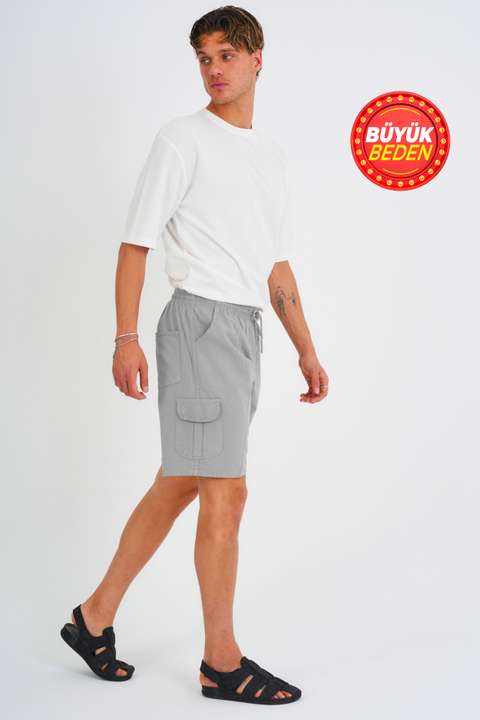Açık Gri Erkek Kargo Cep Büyük Beden %100 Pamuk Keten Görünümlü Şort E202