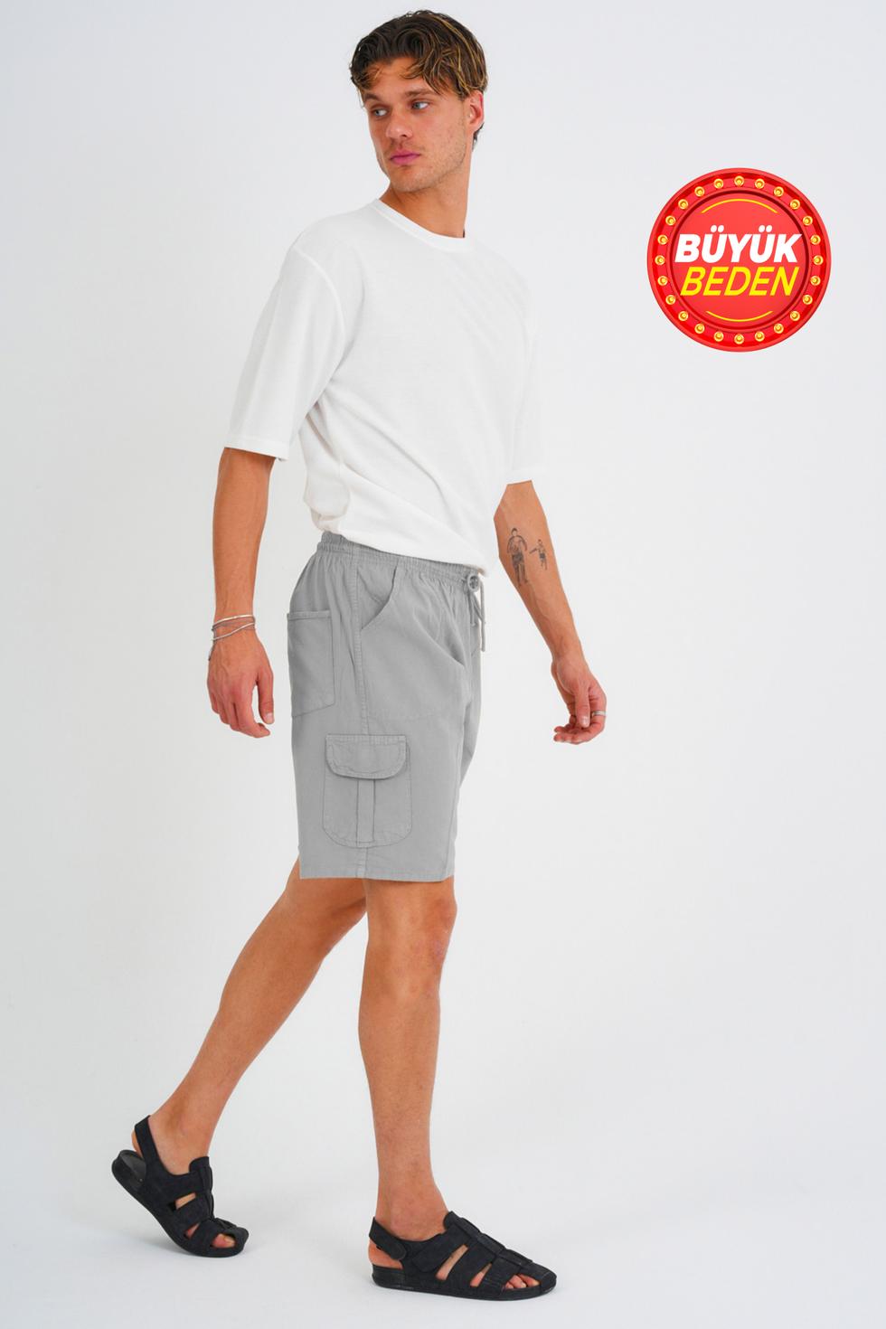 Erkek Kargo Cep Büyük Beden %100 Pamuk Keten Görünümlü Şort