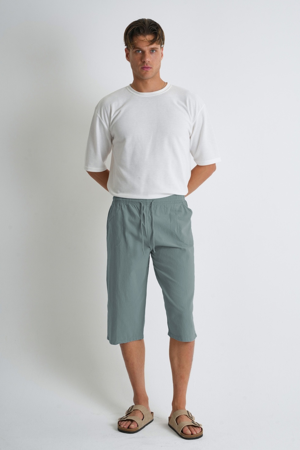 Erkek Büyük Beden %100 Pamuk Keten Görünümlü Kapri