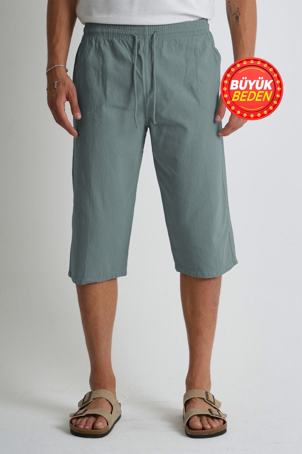 Erkek Büyük Beden %100 Pamuk Keten Görünümlü Kapri