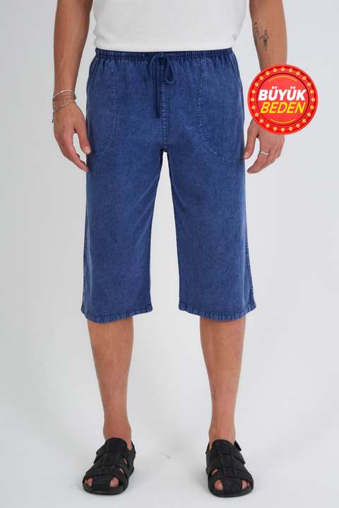 Kot Mavi Erkek Büyük Beden %100 Pamuk Keten Görünümlü Kapri E203