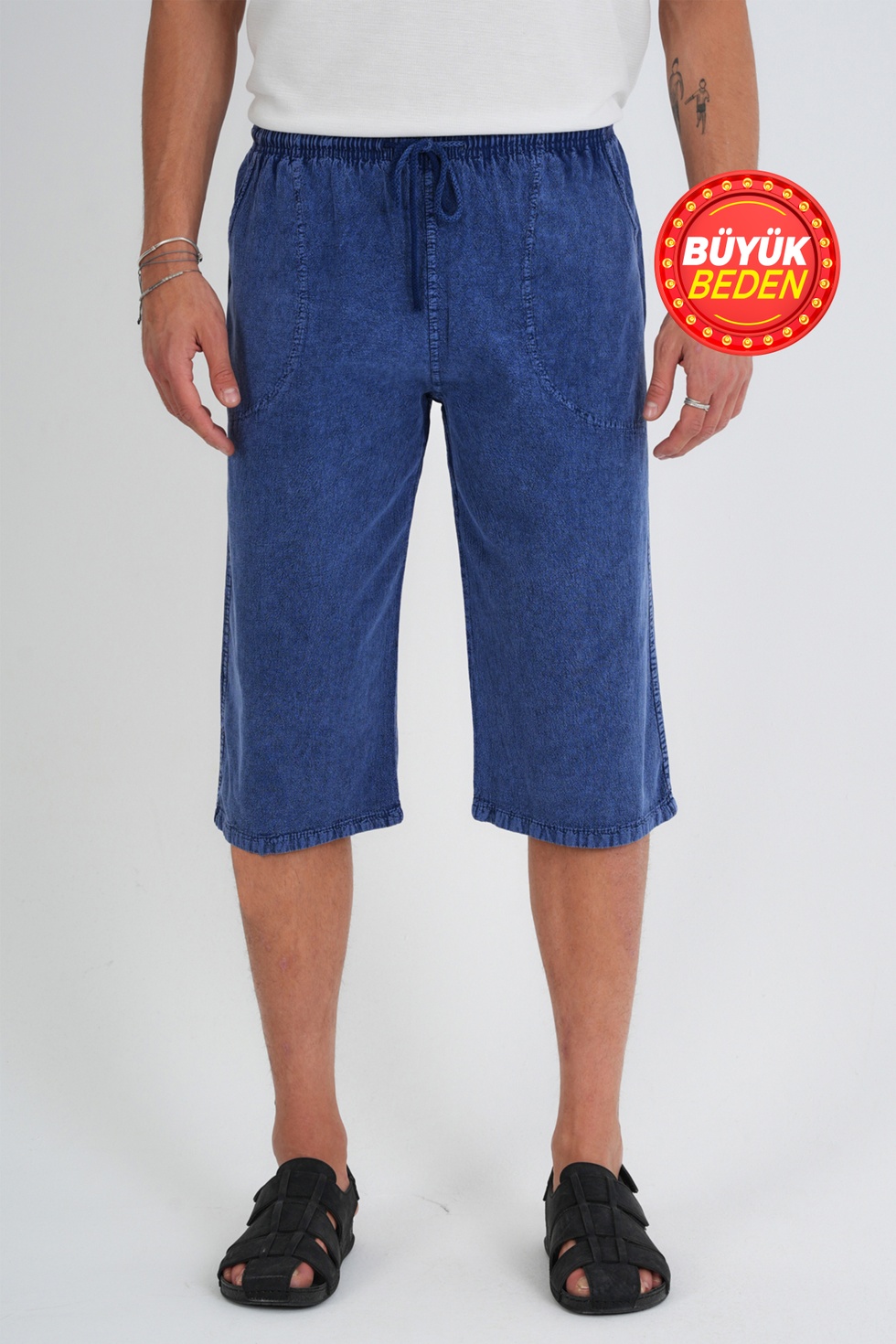 Erkek Büyük Beden %100 Pamuk Keten Görünümlü Kapri