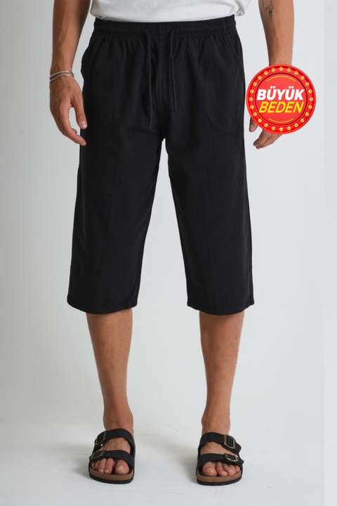 Siyah Erkek Büyük Beden %100 Pamuk Keten Görünümlü Kapri E203