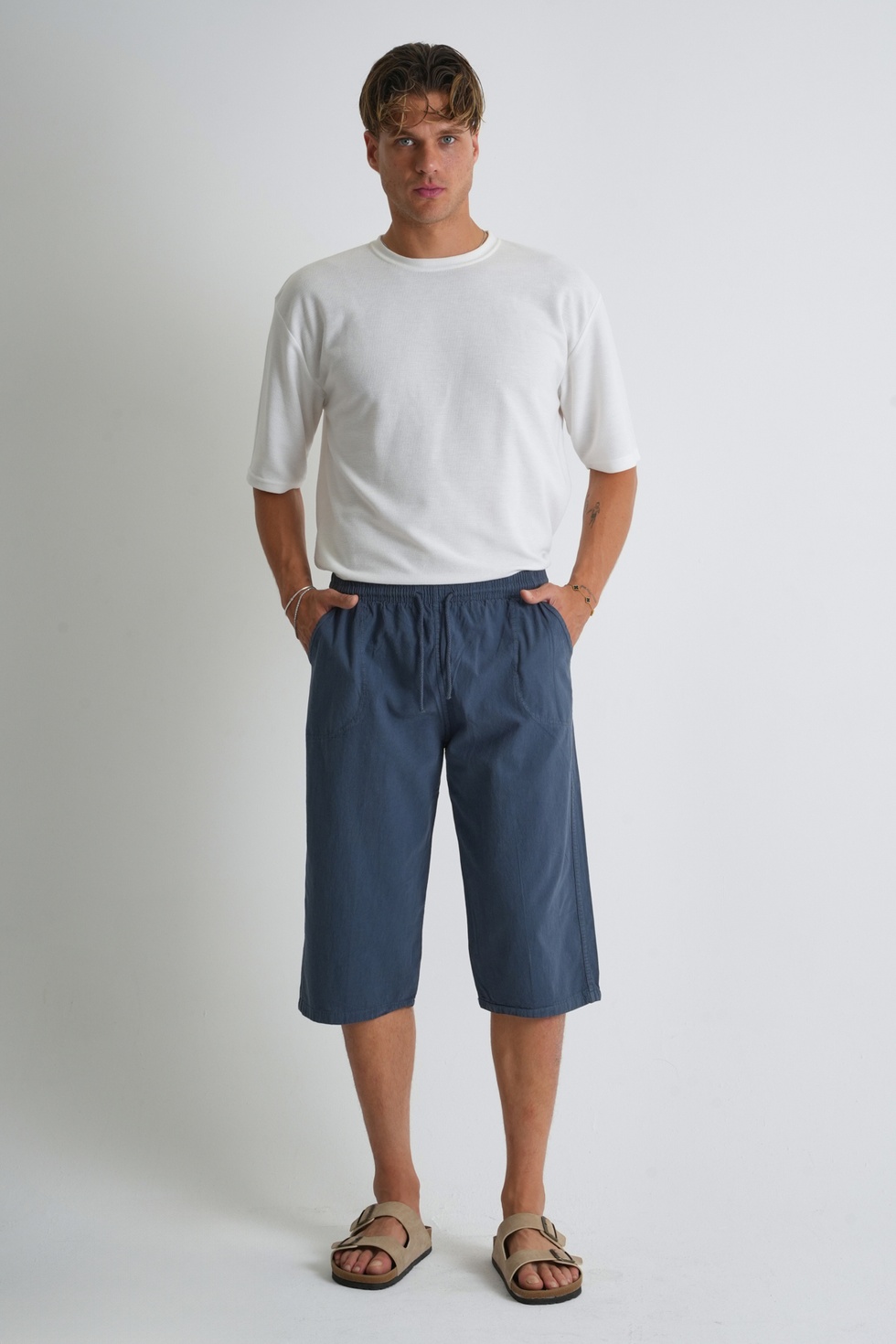 Erkek Büyük Beden %100 Pamuk Keten Görünümlü Kapri