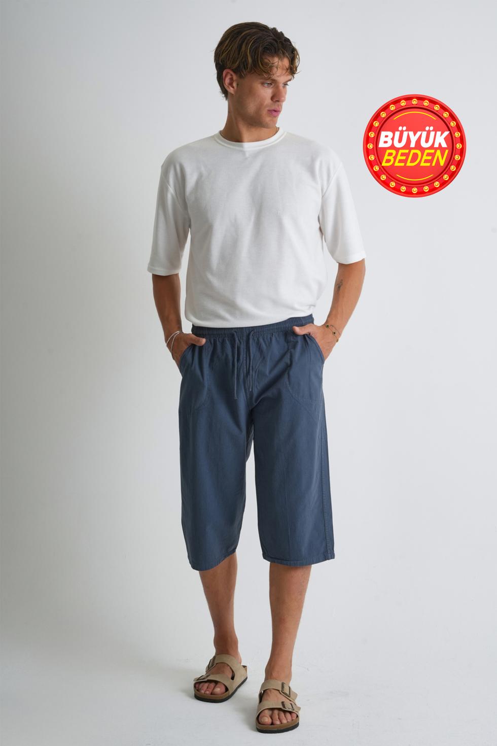 Erkek Büyük Beden %100 Pamuk Keten Görünümlü Kapri