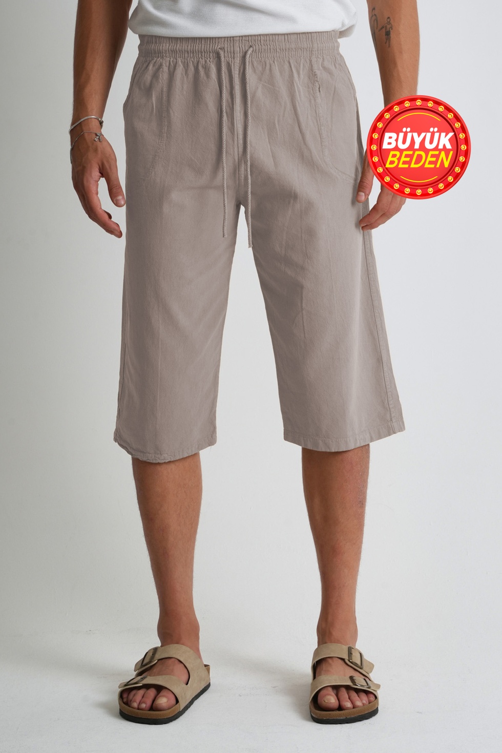 Erkek Büyük Beden %100 Pamuk Keten Görünümlü Kapri