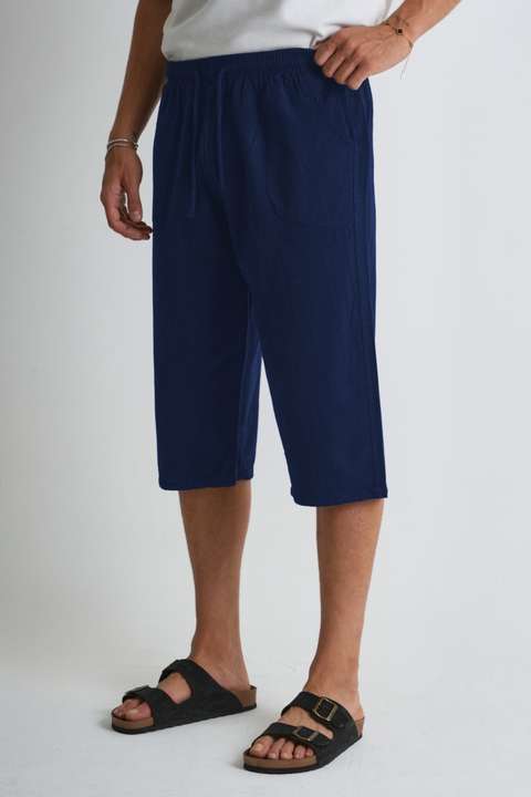 Lacivert Erkek Büyük Beden %100 Pamuk Keten Görünümlü Kapri E203