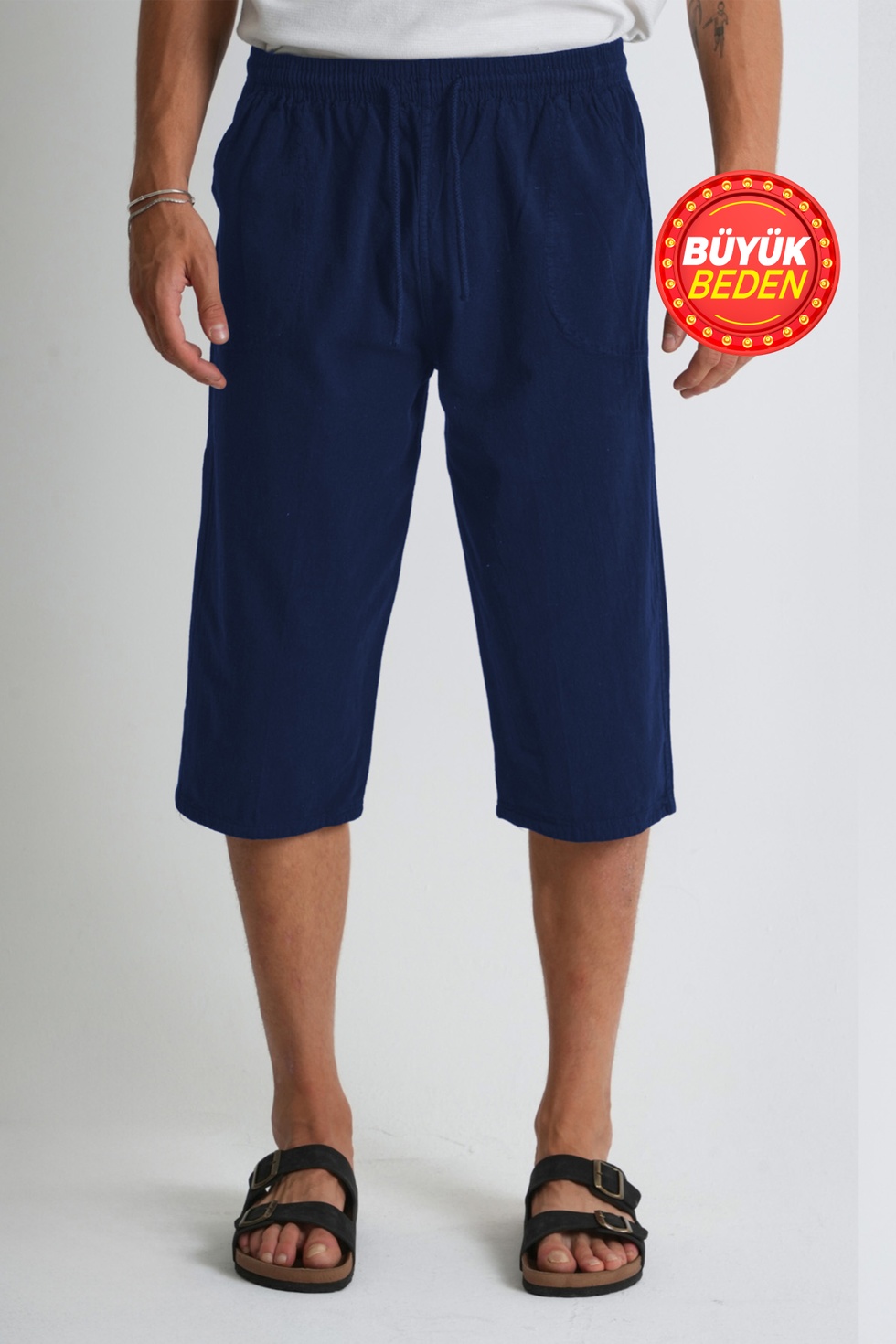 Erkek Büyük Beden %100 Pamuk Keten Görünümlü Kapri