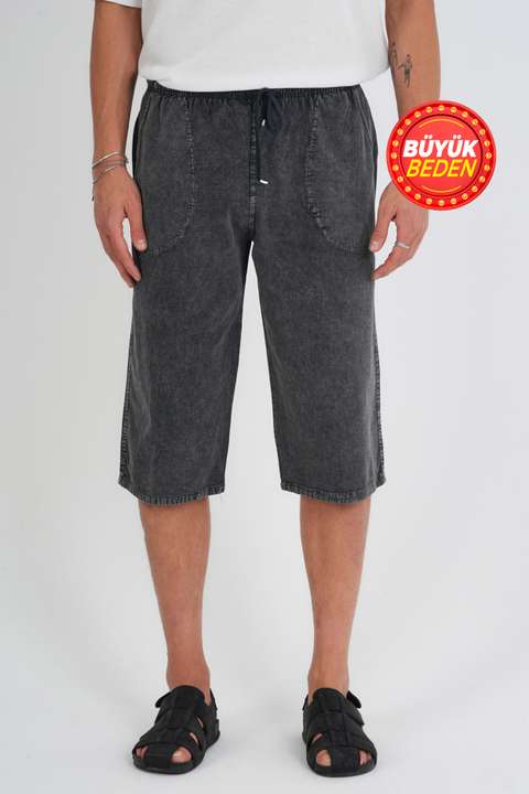 Kot Siyah Erkek Büyük Beden %100 Pamuk Keten Görünümlü Kapri E203