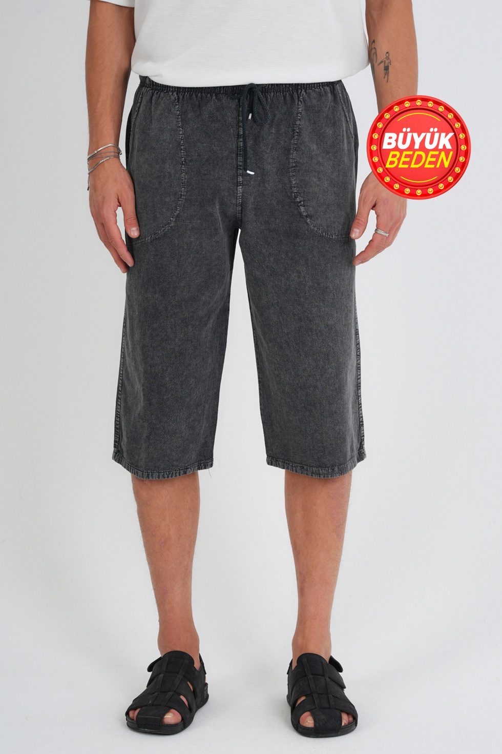 Erkek Büyük Beden %100 Pamuk Keten Görünümlü Kapri