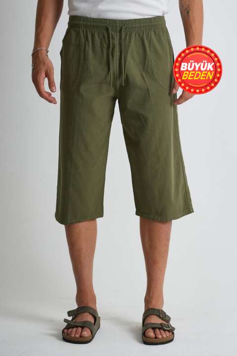 Haki Erkek Büyük Beden %100 Pamuk Keten Görünümlü Kapri E203