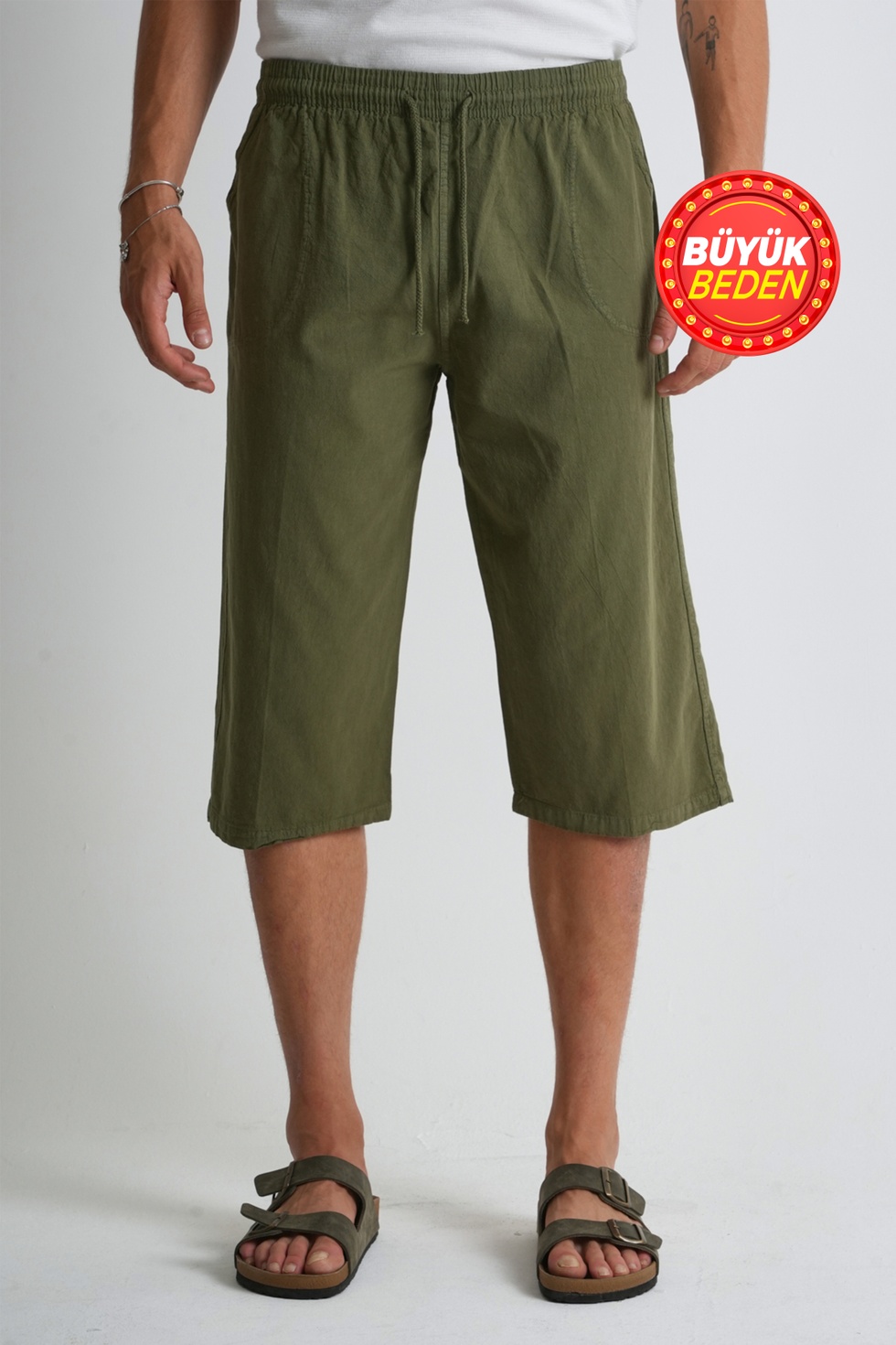 Erkek Büyük Beden %100 Pamuk Keten Görünümlü Kapri