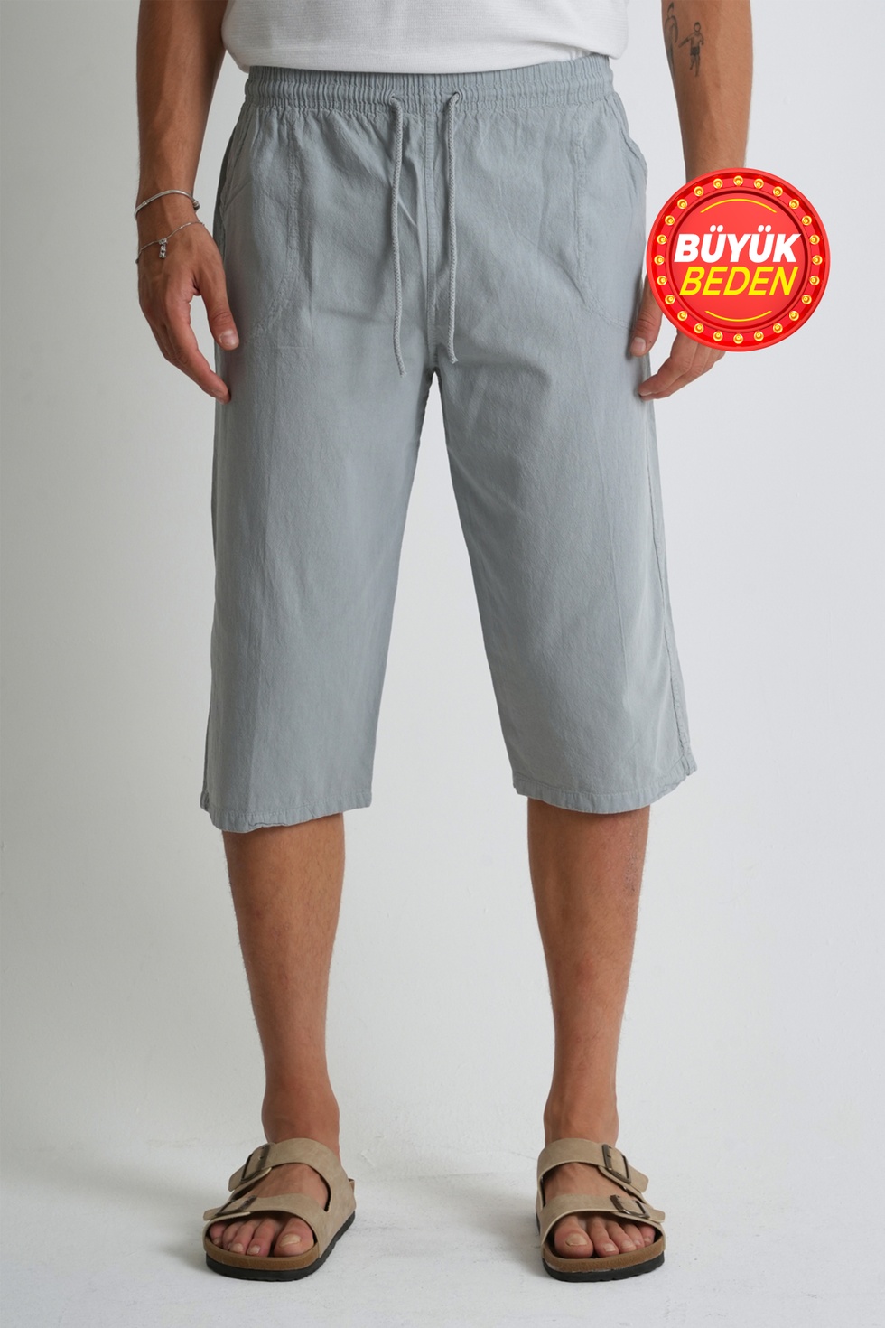 Erkek Büyük Beden %100 Pamuk Keten Görünümlü Kapri