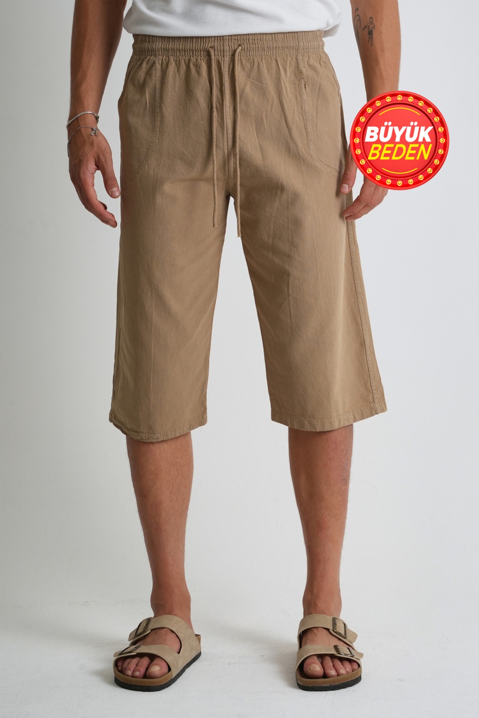 Erkek Büyük Beden %100 Pamuk Keten Görünümlü Kapri