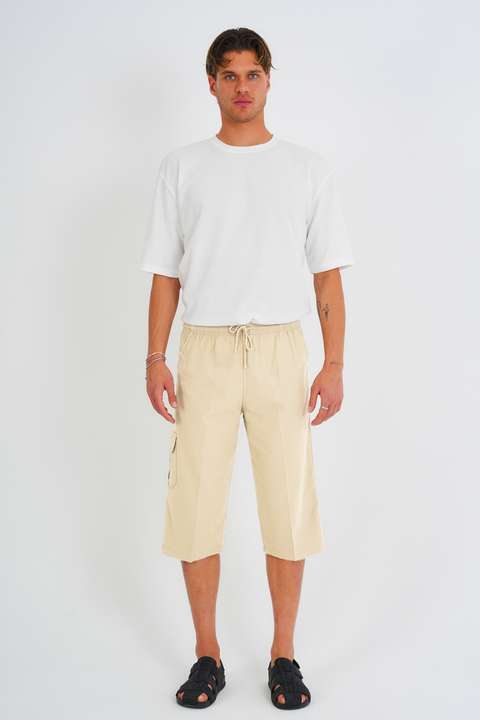 Ekru Erkek Büyük Beden %100 Pamuk Keten Görünümlü Kapri E203