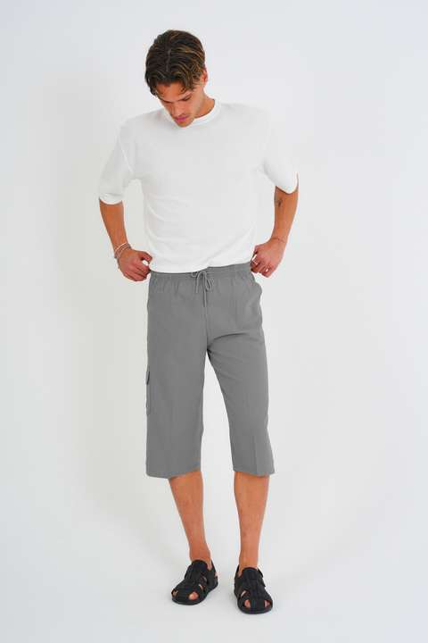 Koyu Gri Erkek Büyük Beden %100 Pamuk Keten Görünümlü Kapri E203