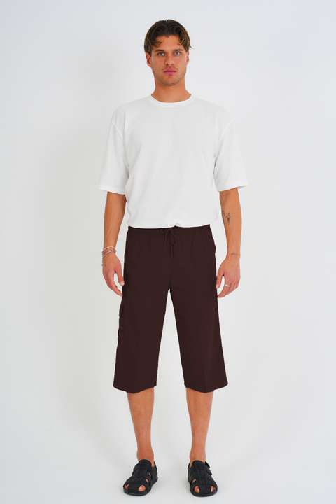 Kahve Rengi Erkek Büyük Beden %100 Pamuk Keten Görünümlü Kapri E203