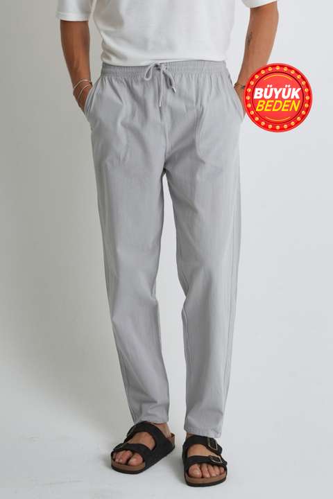 Açık Gri Erkek Büyük Beden %100 Pamuk Keten Görünümlü Pantolon E206