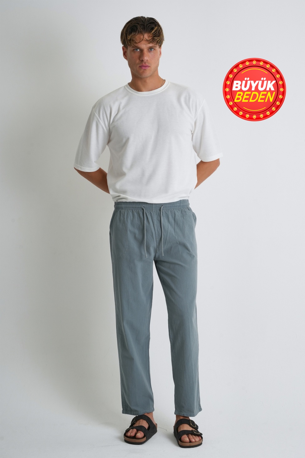 Erkek Büyük Beden %100 Pamuk Keten Görünümlü Pantolon