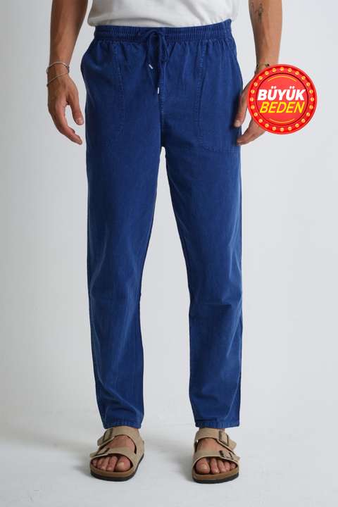 Kot Mavi Erkek Büyük Beden %100 Pamuk Keten Görünümlü Pantolon E206