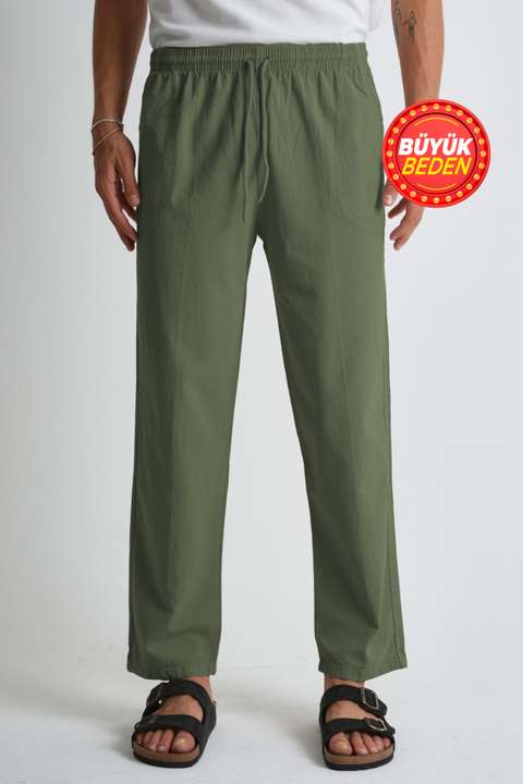Haki Erkek Büyük Beden %100 Pamuk Keten Görünümlü Pantolon E206