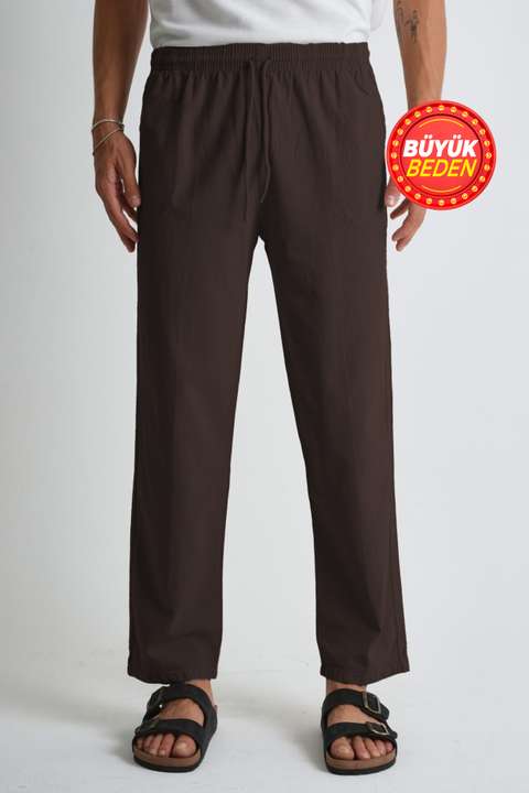 Kahve Rengi Erkek Büyük Beden %100 Pamuk Keten Görünümlü Pantolon E206