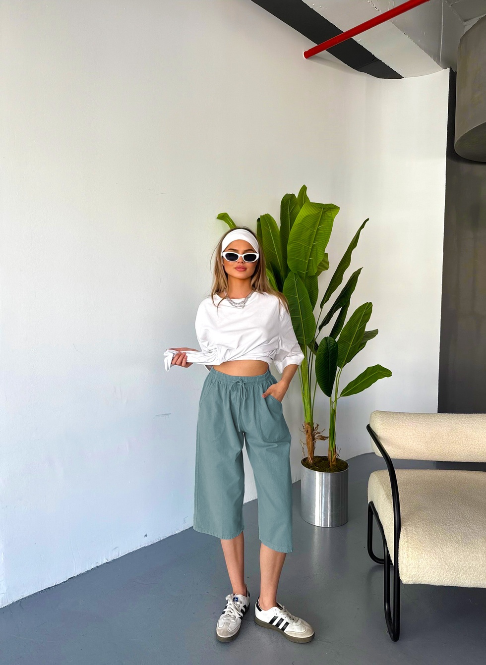 Kadın Yüksek Bel Keten Görünümlü %100 Pamuk Kapri