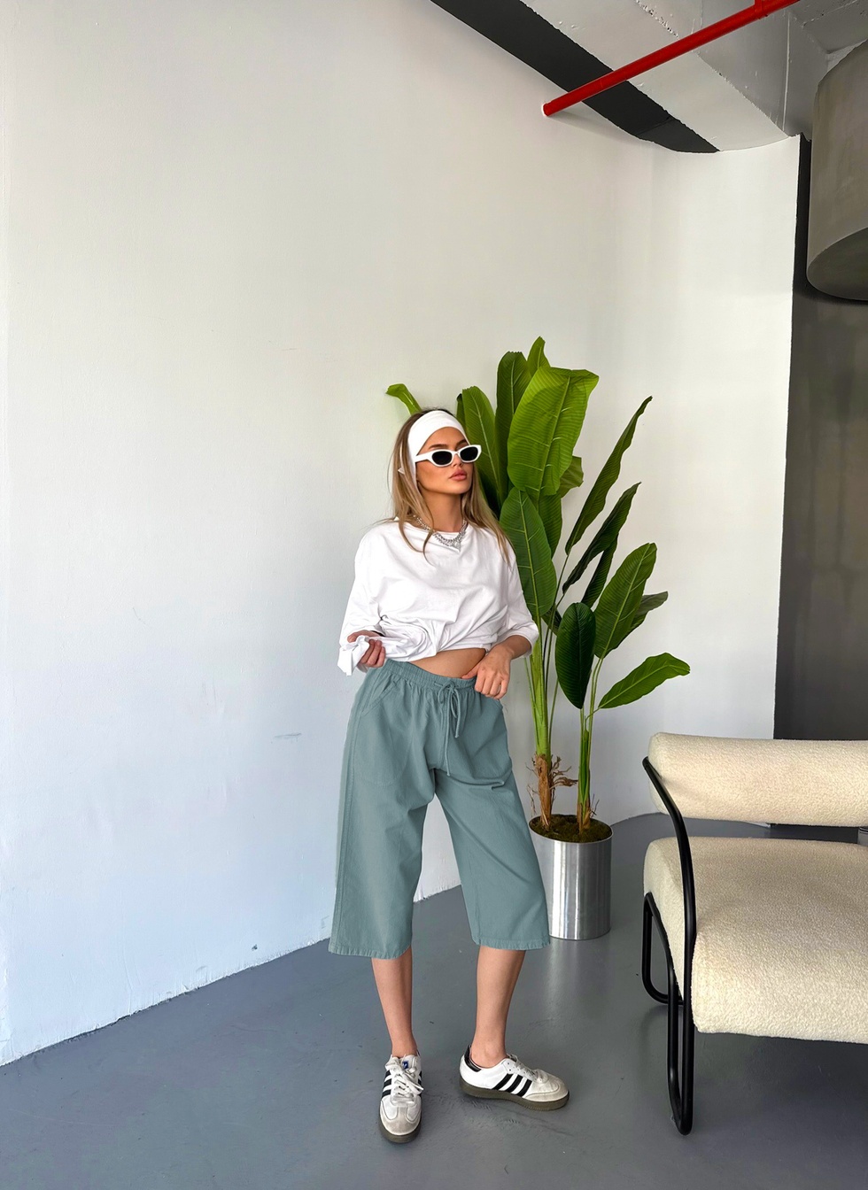 Kadın Yüksek Bel Keten Görünümlü %100 Pamuk Kapri