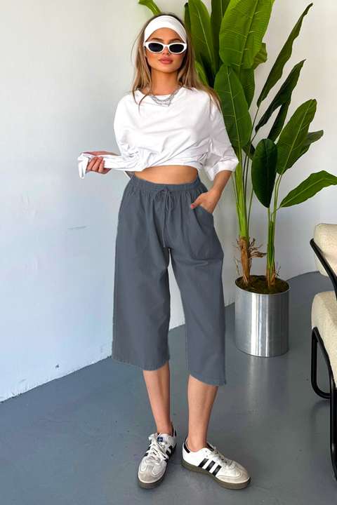 Antrasit Kadın Yüksek Bel Keten Görünümlü %100 Pamuk Kapri W204