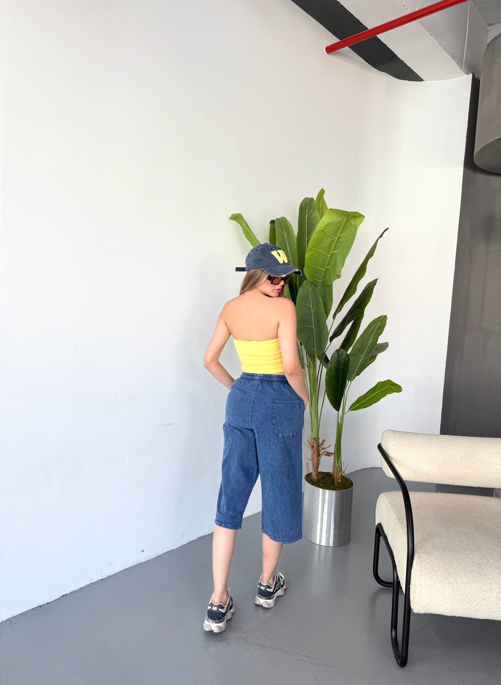 Kadın Yüksek Bel Keten Görünümlü %100 Pamuk Kapri