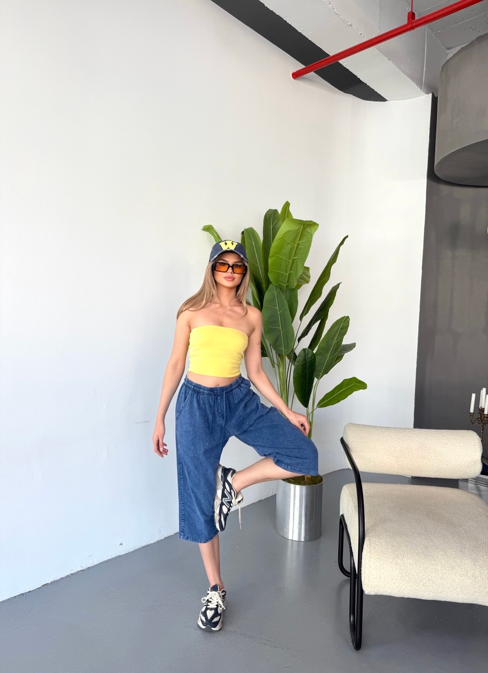 Kadın Yüksek Bel Keten Görünümlü %100 Pamuk Kapri